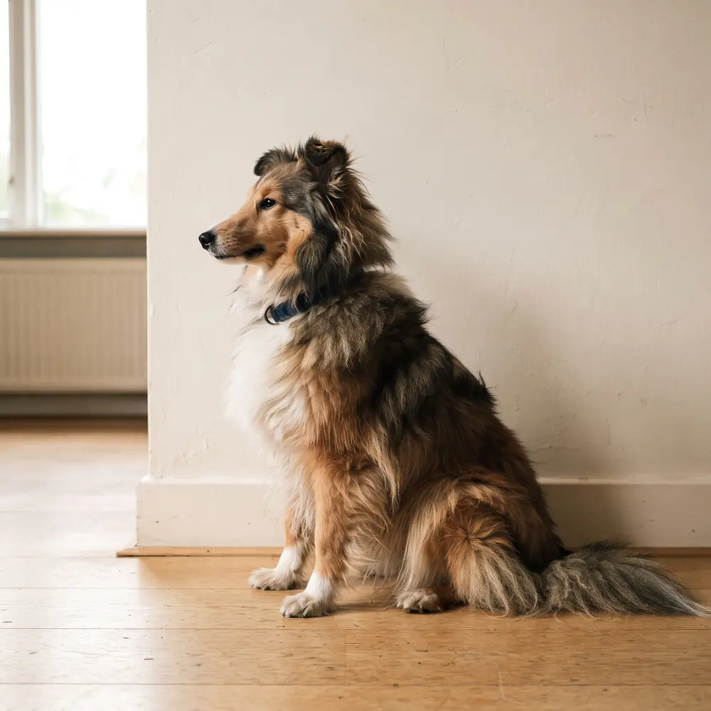 Illustration of a Shetland Sheepdog: the coat between grooms. Not a photograph of a puppy for sale.