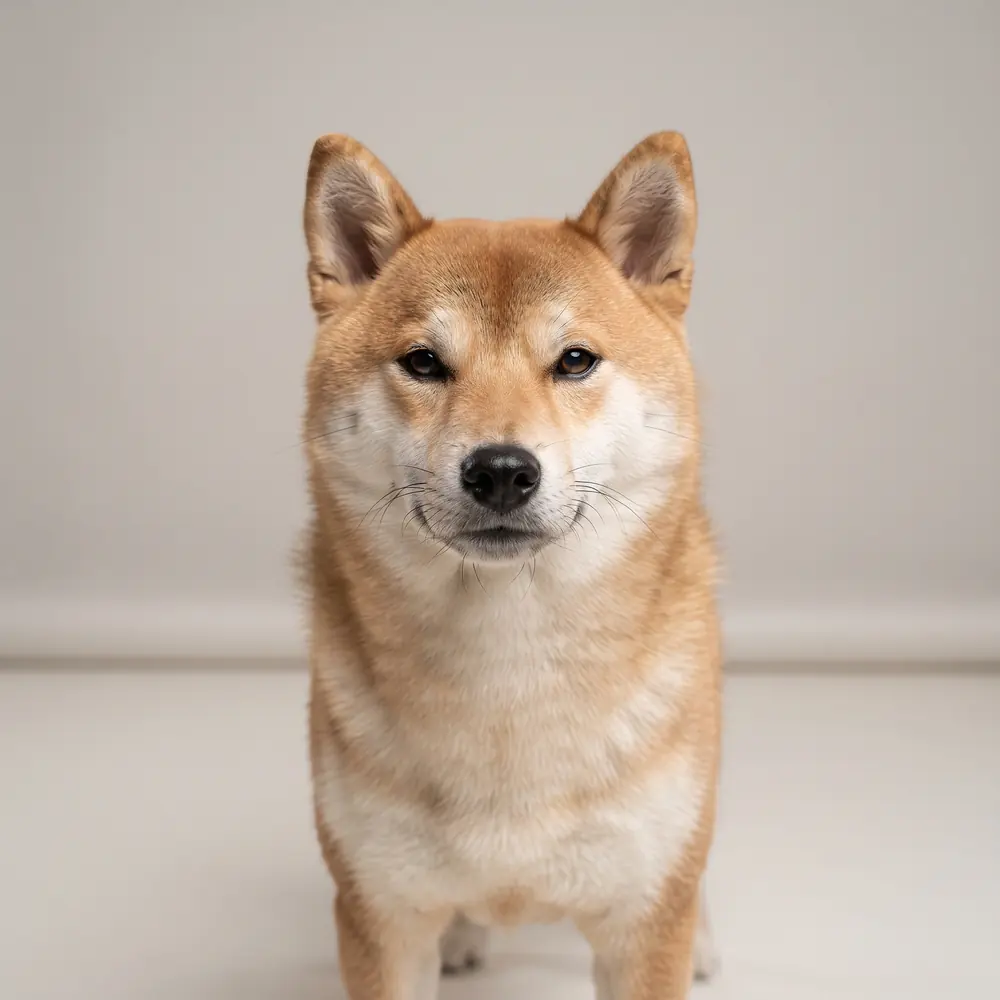 Illustration of a Shiba Inu: head, ears and muzzle up close. Not a photograph of a puppy for sale.