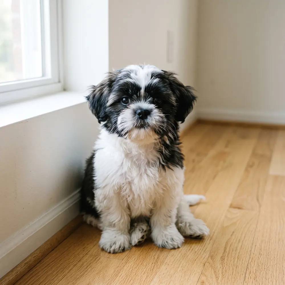 Illustration of a Shih Tzu: black & white coat. Not a photograph of a puppy for sale.