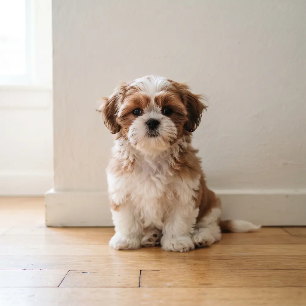 Illustration of a Shih Tzu: red & white coat. Not a photograph of a puppy for sale.