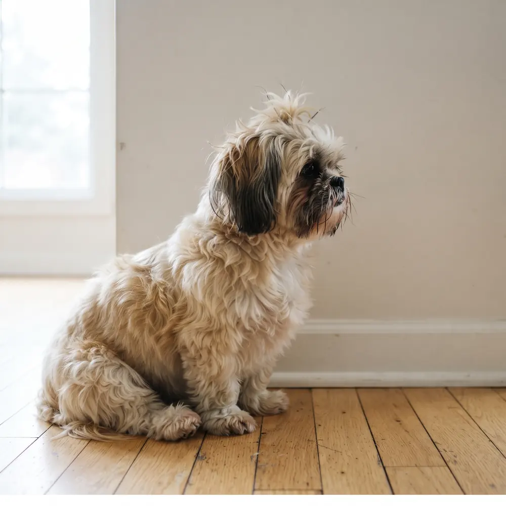Illustration of a Shih Tzu: the coat between grooms. Not a photograph of a puppy for sale.