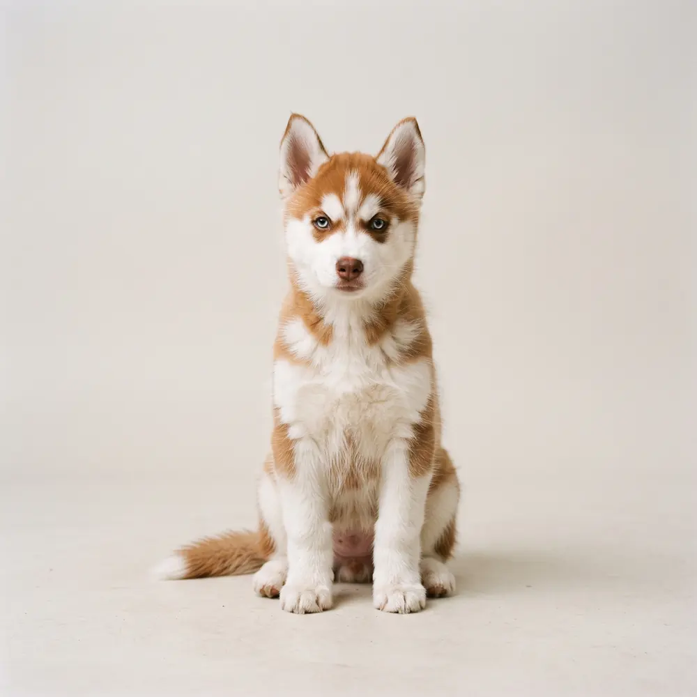 Illustration of a Siberian Husky: red & white coat. Not a photograph of a puppy for sale.