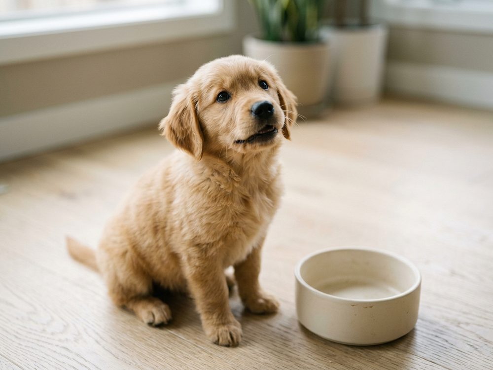 Puppy beside a food bowl at Puppy Singapore