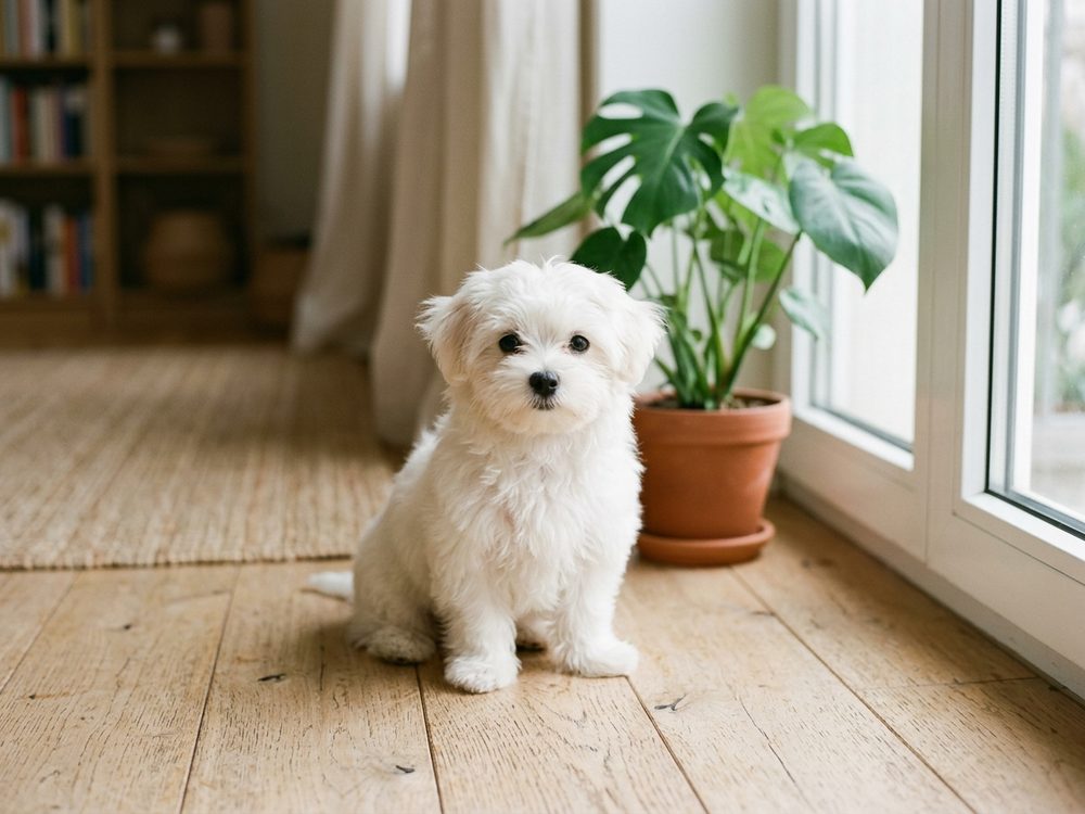 Small HDB-approved puppy by an apartment window in Singapore