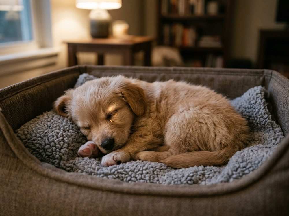 Sleepy puppy settling at night in Singapore